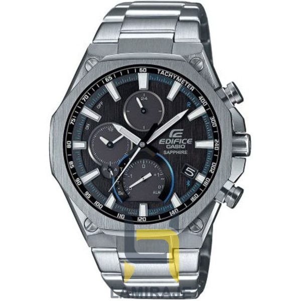 خرید ساعت مچی مردانه کاسیو ادیفایس Casio Edifice EQB-1100D نقره‌ای، ساعت دیجیتال با بند فلزی و صفحه مشکی.