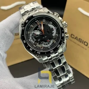 ساعت مچی مردانه کاسیو Casio مدل EF550 نقره‌ای، دیجیتال، خرید ساعت اسپرت با بند فلزی و صفحه مشکی.