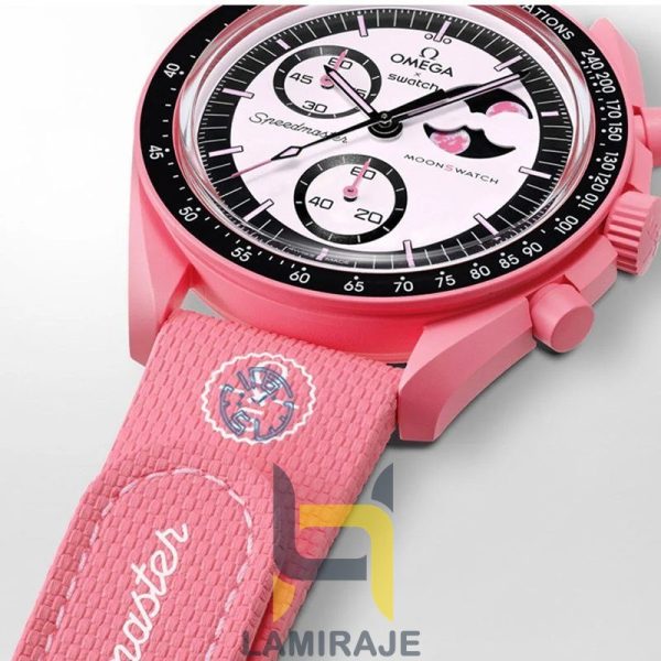 ساعت مچی مردانه سواچ x امگا مدل Mission to the Pink Moonphase، دیجیتال، صورتی، خرید ساعت اسپرت.