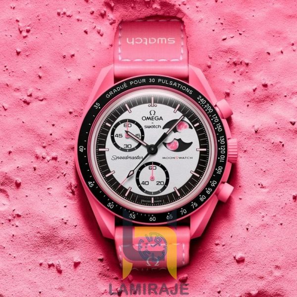 ساعت مچی مردانه سواچ x امگا مدل Mission to the Pink Moonphase، دیجیتال، صورتی، خرید ساعت اسپرت.
