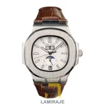 خرید ساعت مچی مردانه پتک فیلیپ ناتیلوس Patek Philippe Nautilus دیجیتال نقره‌ای صفحه سفید بند چرمی قهوه‌ای