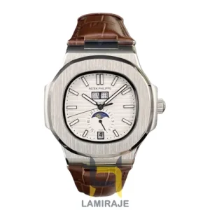 خرید ساعت مچی مردانه پتک فیلیپ ناتیلوس Patek Philippe Nautilus دیجیتال نقره‌ای صفحه سفید بند چرمی قهوه‌ای