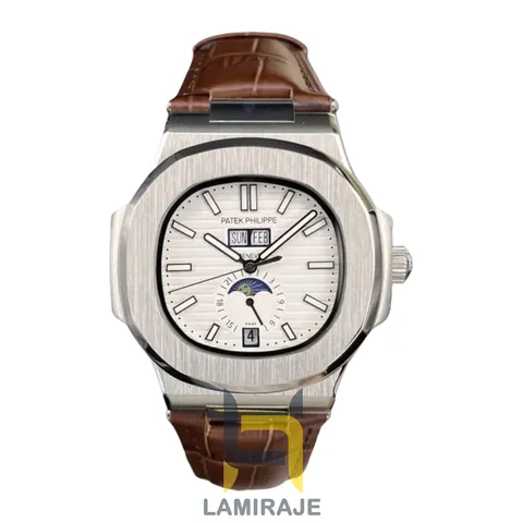 خرید ساعت مچی مردانه پتک فیلیپ ناتیلوس Patek Philippe Nautilus دیجیتال نقره‌ای صفحه سفید بند چرمی قهوه‌ای
