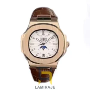 ساعت مچی مردانه پتک فیلیپ ناتیلوس Patek Philippe Nautilus رزگلد دیجیتال، خرید ساعت لوکس صفحه سفید بند چرمی.
