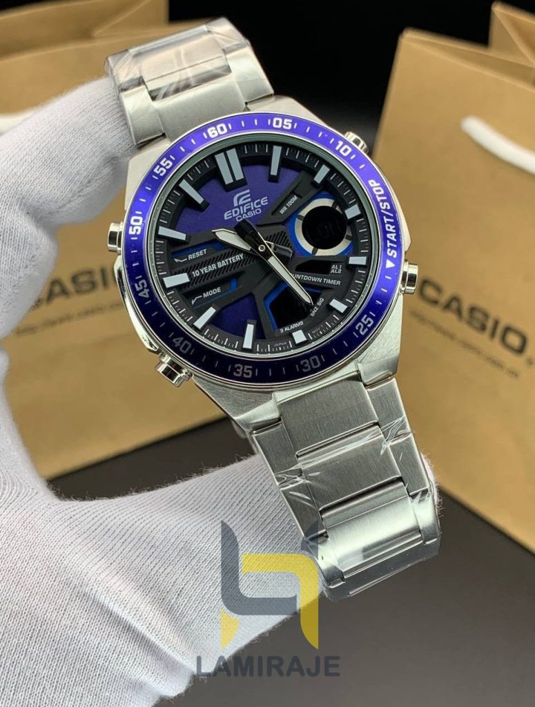ساعت مچی مردانه کاسیو ادیفایس Casio Edifice EFV-C110D-2AV، ساعت دیجیتال با بند فلزی و صفحه آبی، خرید ساعت شیک.