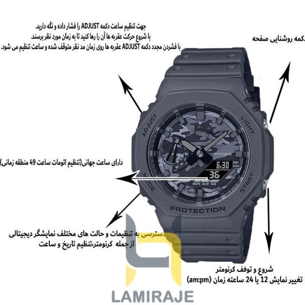 ساعت مچی مردانه دیجیتال GA2100-CH مشکی، خرید ساعت کوارتز دو زمانه با طراحی هشت‌ضلعی و قابلیت‌های ویژه.