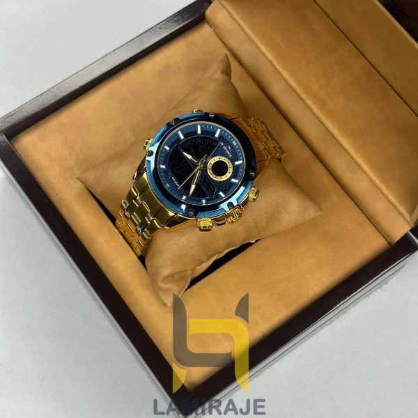 ساعت مچی مردانه ناویفورس Naviforce 9205 طلایی، دیجیتال و دوزمانه، خرید ساعت با موتور ژاپنی و بند استیل.