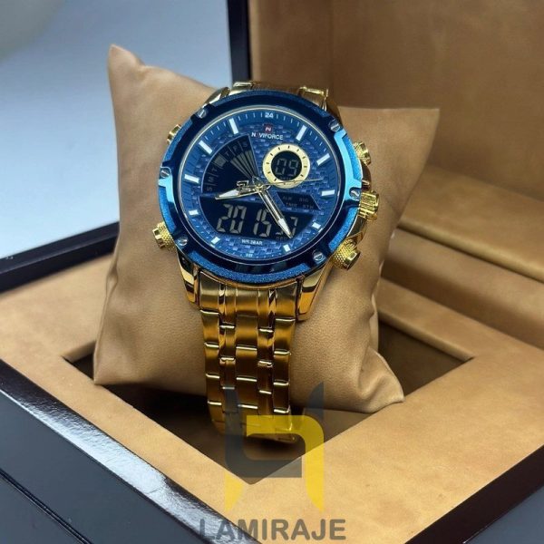 ساعت مچی مردانه ناویفورس Naviforce 9205 طلایی، دیجیتال و دوزمانه، خرید ساعت با موتور ژاپنی و بند استیل.