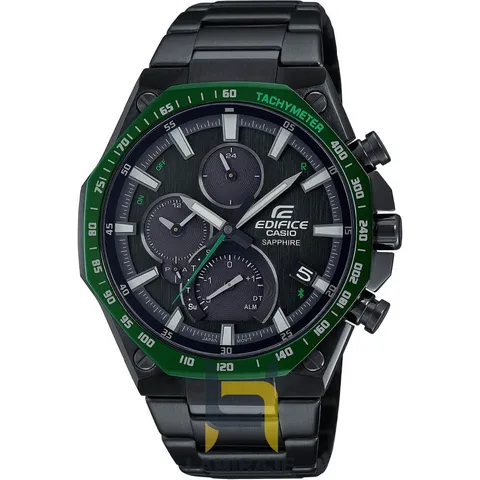خرید ساعت مچی مردانه کاسیو Casio EQB-1100 دیجیتال با بند استیل مشکی، کرنوگراف دار و صفحه سبز.
