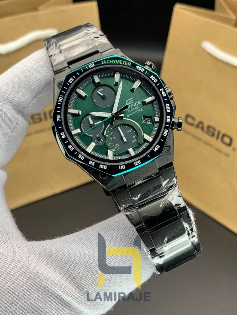 خرید ساعت مچی مردانه کاسیو Casio EQB-1100 دیجیتال با بند استیل مشکی، کرنوگراف دار و صفحه سبز.