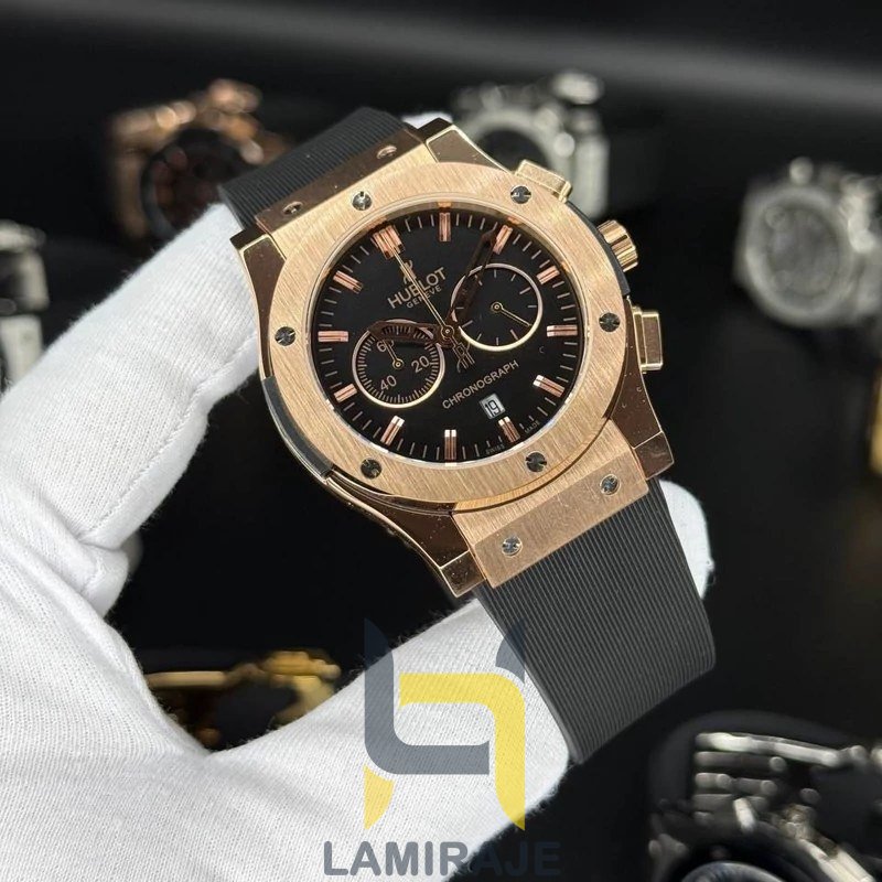 ساعت مچی مردانه هابلوت Hublot مدل کرنوگراف، دیجیتال، بند چرمی مشکی، خرید ساعت لوکس با موتور ژاپنی.