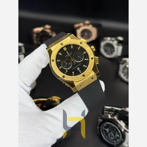ساعت مچی مردانه هابلوت Hublot 3310MG طلایی، خرید ساعت دیجیتال لوکس و شیک با طراحی خاص و بند چرمی کلاسیک.